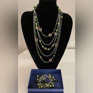 Silver Tone Multi-Layered Necklace and bracelet set with 2 coloured green beads.